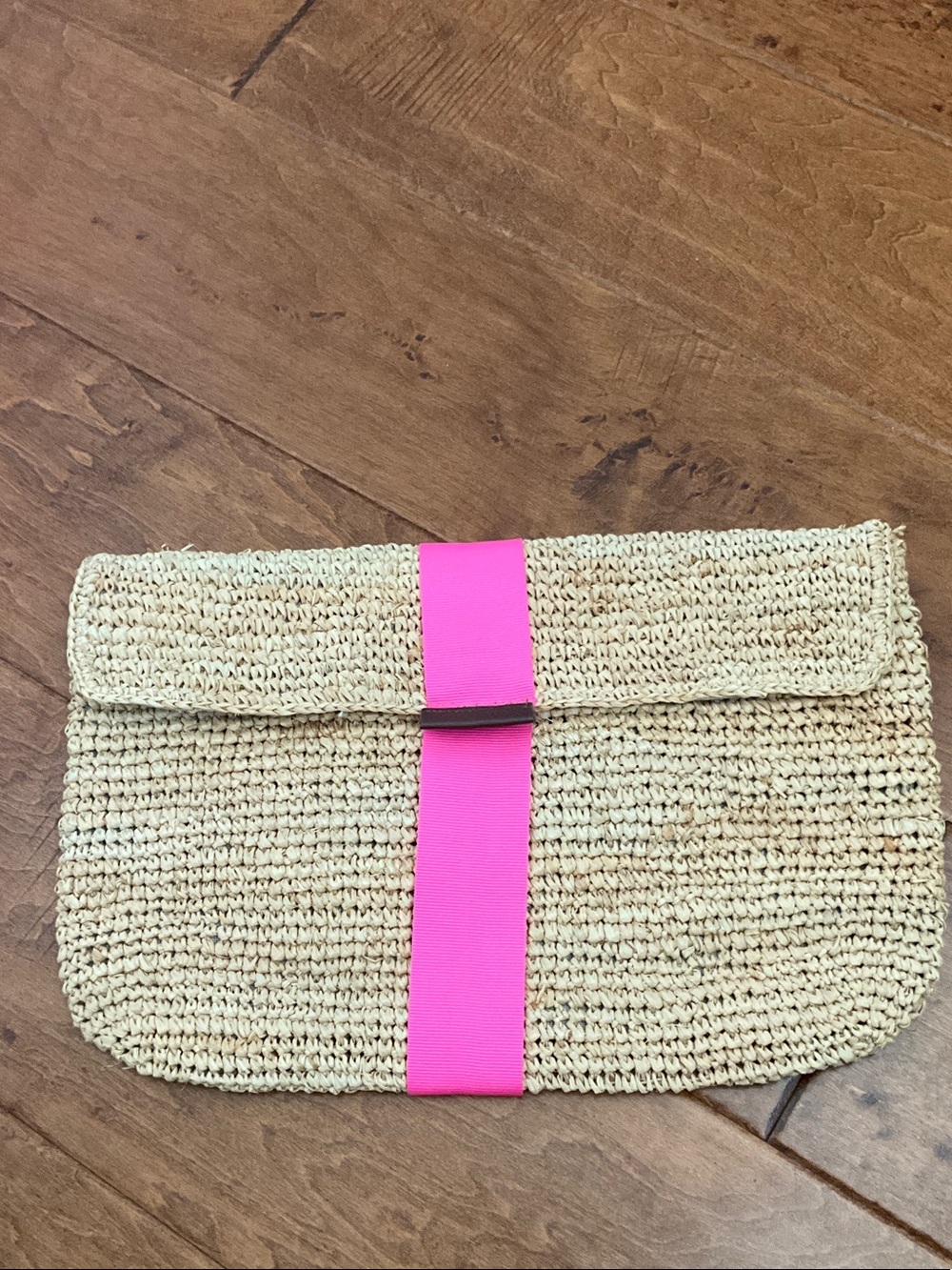 Woven Straw Clutch with Pink Accent